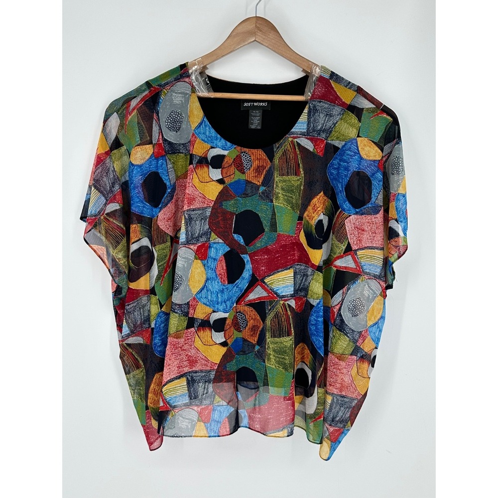 Soft Works Womens XL Abstract Art Print Tunic Top Colorful 3/4 Sleeve Stretch R5